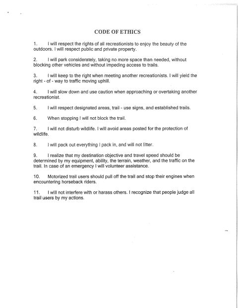 1967 Ford Bronco - This document outlines a Code of Ethics for recreationists, covering respect for property, trail etiquette, and wildlife interaction.