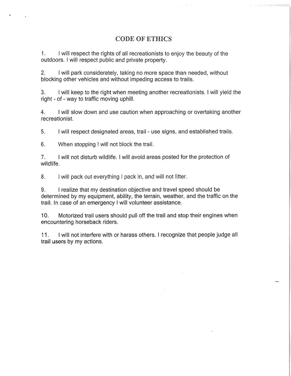 Four-wheel-drive club Code of Ethics page with eleven numbered trail conduct pledges