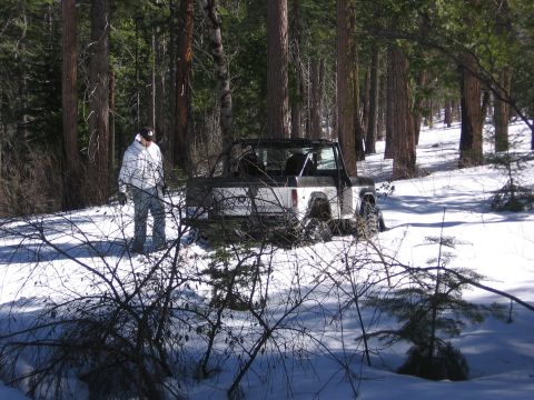 1989 Ford Bronco - A 1989 Ford Bronco is partially buried in snow in a wooded area with a person standing next to it.