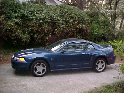 1999 Ford Mustang - A blue 1999 Ford Mustang coupe is parked on a paved surface with dense green foliage behind it.