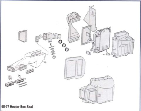 1977 Chevrolet Corvette - Exploded view diagram of a 68-77 heater box seal and associated parts.