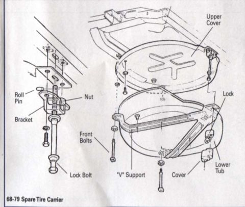 1977 Chevrolet Corvette - Exploded view diagram details the assembly of a spare tire carrier, labeled for 1968-1979 models.