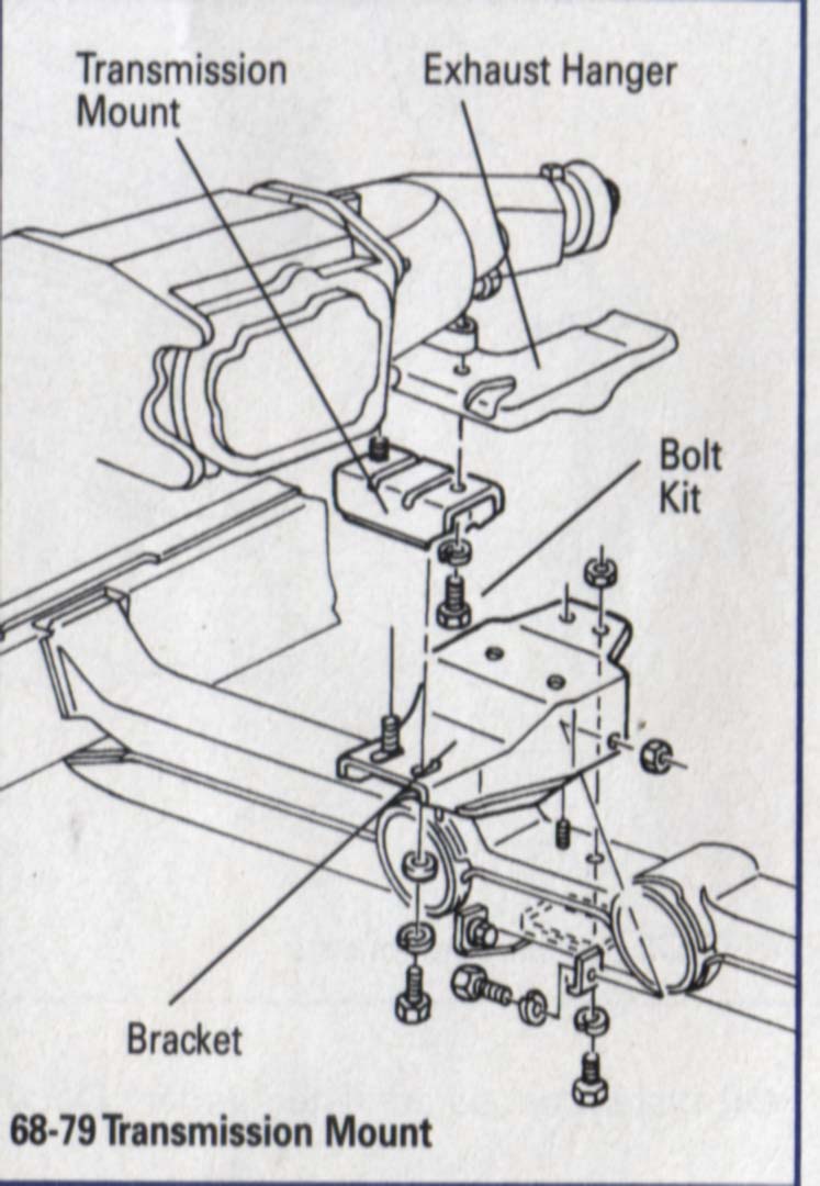 Exploded view of 68-79 transmission mount, bracket, exhaust hanger and bolt kit