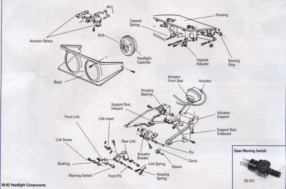 Exploded view of 68-82 headlight components with actuator, capsules, bezel and links