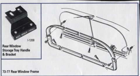 1977 Chevrolet Corvette - This diagram shows the components of a rear window frame and a storage tray bracket.