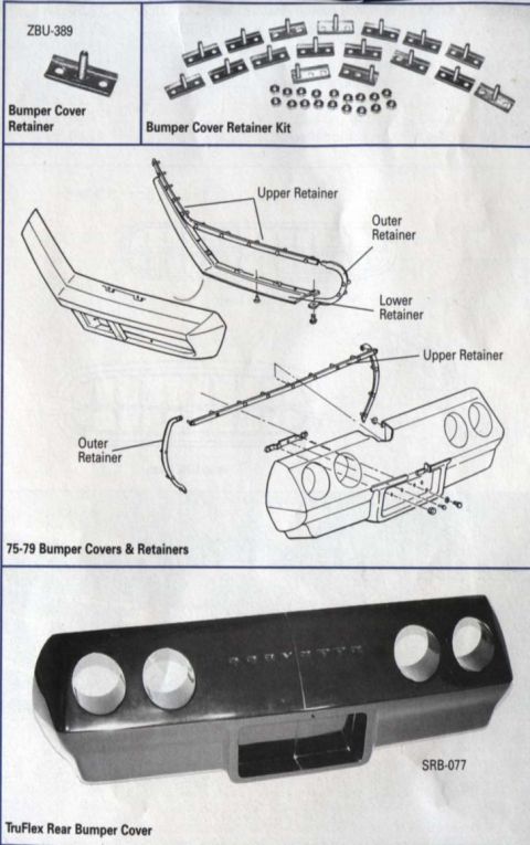 1977 Chevrolet Corvette - Diagrams illustrate bumper cover retainers and installation for 75-79 Corvette models.