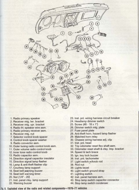 1977 Chevrolet Corvette - Exploded view of the radio and related components for 1976-77 vehicles.
