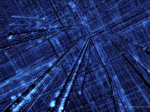1990 Ford Bronco - An abstract digital scene with a complex grid of blue lights and lines, creating a sense of depth.