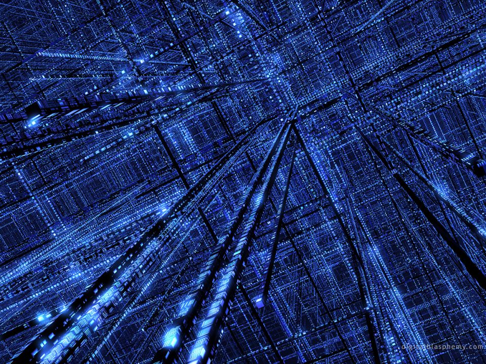 Abstract digital grid with blue lights and lines, viewed from below