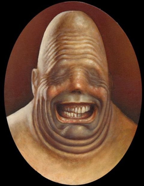 1989 Ford Bronco - This oval-shaped painting depicts a disturbing, distorted face with a gaping mouth and numerous wrinkles.