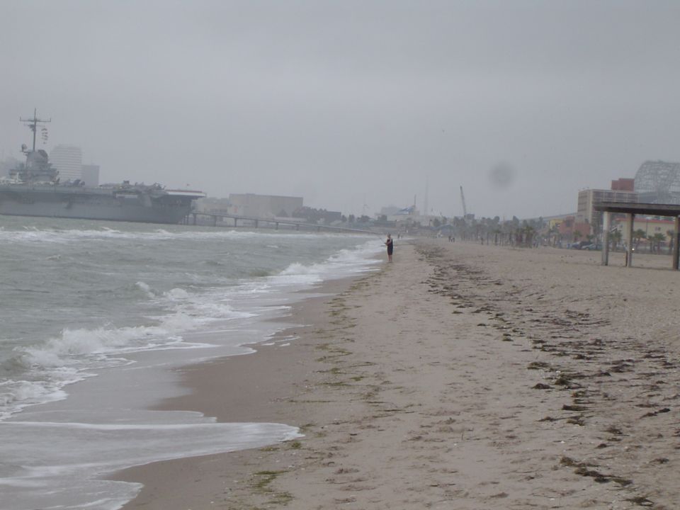 Beach with waves, a person walking, and an aircraft carrier in the distance