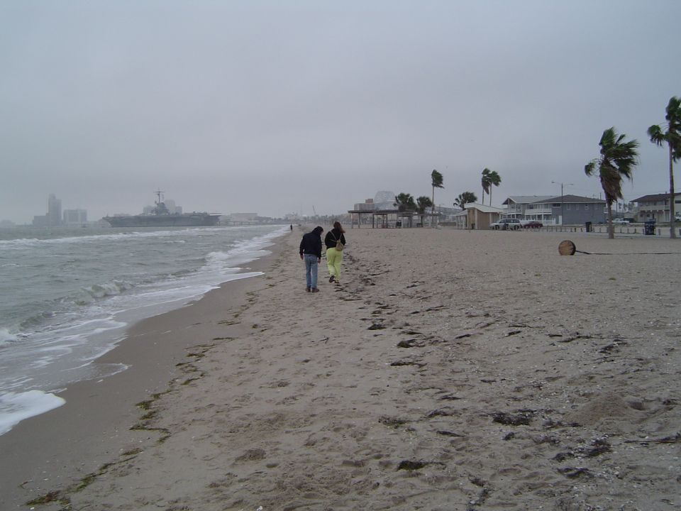 Two people walking on an overcast sandy beach with a ship on the horizon