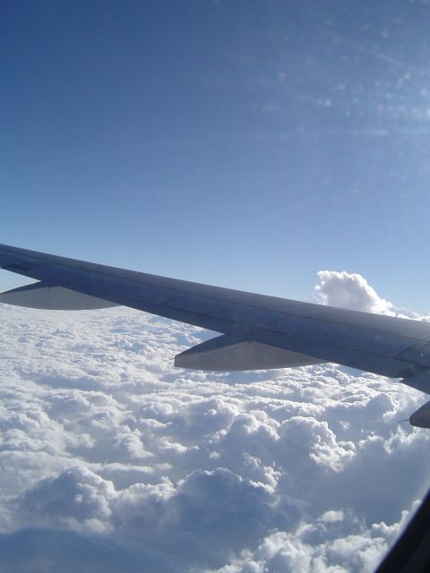 1989 Ford Bronco - View from an airplane window shows a wing extending over a vast expanse of clouds.