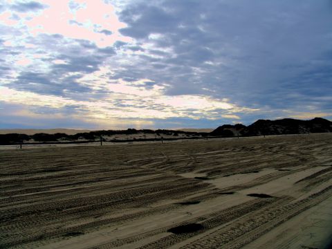 1984 Ford Bronco - A wide expanse of sand is marked with numerous tire tracks under a dramatic, cloudy sky.