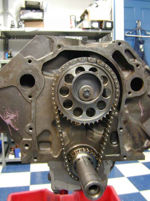 Front of disassembled V8 engine block showing timing chain and gears