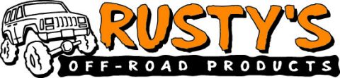 1990 Ford Bronco - Rusty's Off-Road Products logo showing a line-drawn lifted 4x4 truck beside bold orange lettering.
