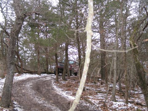 1995 Ford Bronco - A red SUV navigates a muddy and snowy path through a dense forest.