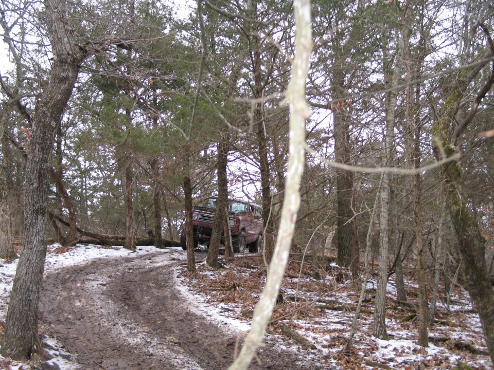 Red SUV on a muddy, snow-dusted forest road, surrounded by trees