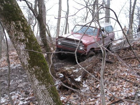 1995 Ford Bronco - A red SUV with a white top is shown off-roading through a wooded area with fallen trees and mud.