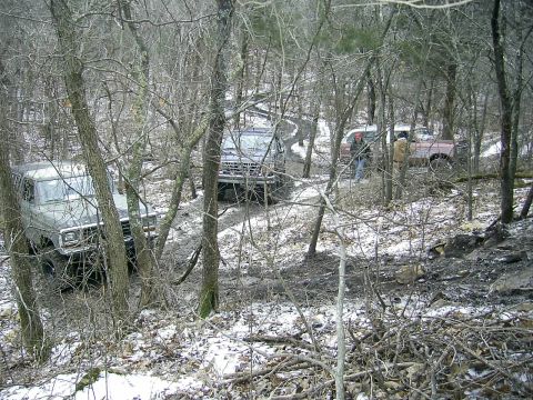 1978 Ford Bronco - Multiple 1978 Ford Broncos navigate a snowy, wooded trail during an off-road excursion.