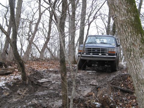 1995 Ford Bronco - Ford Bronco navigates a challenging muddy path through a forest during daytime.