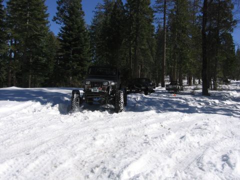 1989 Ford Bronco - Several off-road vehicles navigate a snowy forest trail, with one Jeep Wrangler in the foreground pushing through deep snow.