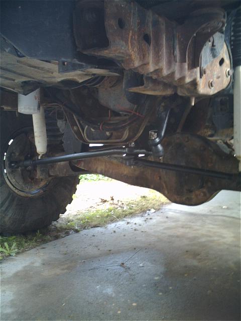 1994 Ford Bronco - Undercarriage view of a vehicle's steering and suspension system, showing various mechanical parts.