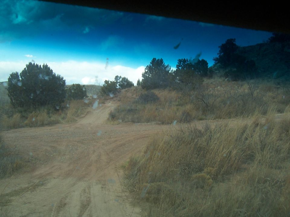 Dirt road through dry grass and scrub brush under a blue sky