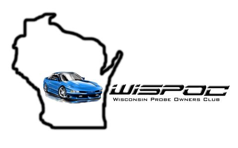 1993 Ford Probe - A blue 1993 Ford Probe is depicted within the outline of Wisconsin, alongside the 'Wisconsin Probe Owners Club' logo.
