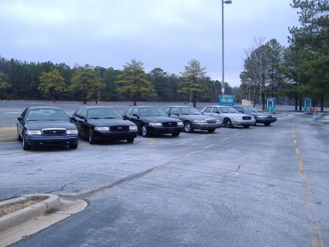 2001 Ford Crown Victoria - A line of Ford Crown Victoria sedans are parked in a lot under an overcast sky.