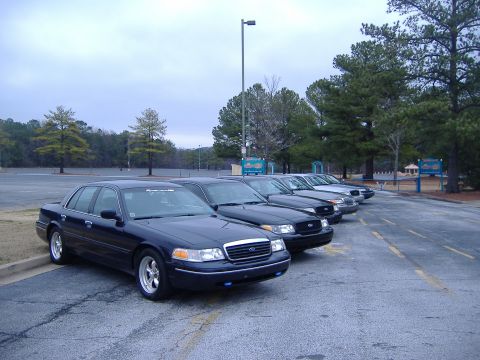 2001 Ford Crown Victoria - A line of Ford Crown Victorias are parked in an outdoor lot under an overcast sky.