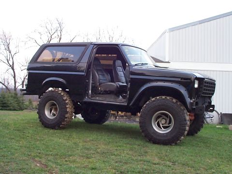 1981 Ford Bronco - This modified Ford Bronco sits on a grassy lawn with its driver's side door ajar.