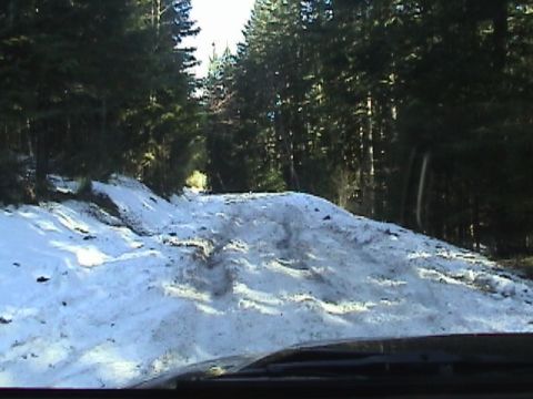 2005 Jeep Wrangler - Driver's-eye view over a dark hood and windshield cowl looking up a steep snow-covered forest trail, with churned tire tracks in the snow a…