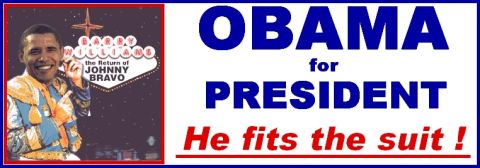 2003 Ford Crown Victoria - A political banner shows Barack Obama with text related to "Johnny Bravo" and his presidential campaign.
