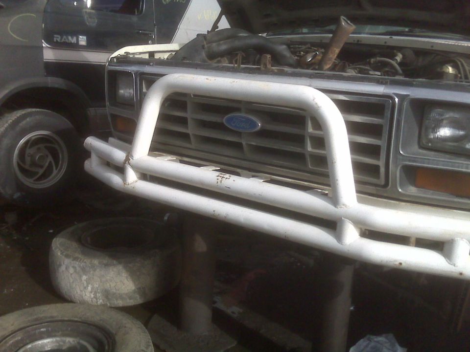 Front grille of a Ford truck with a white brush guard. Another vehicle is visible to the left