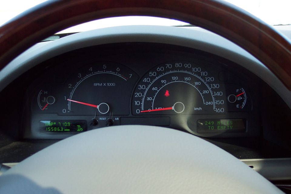 Dashboard gauges with a wood-trimmed steering wheel, showing trip odometer, mileage, and fuel level
