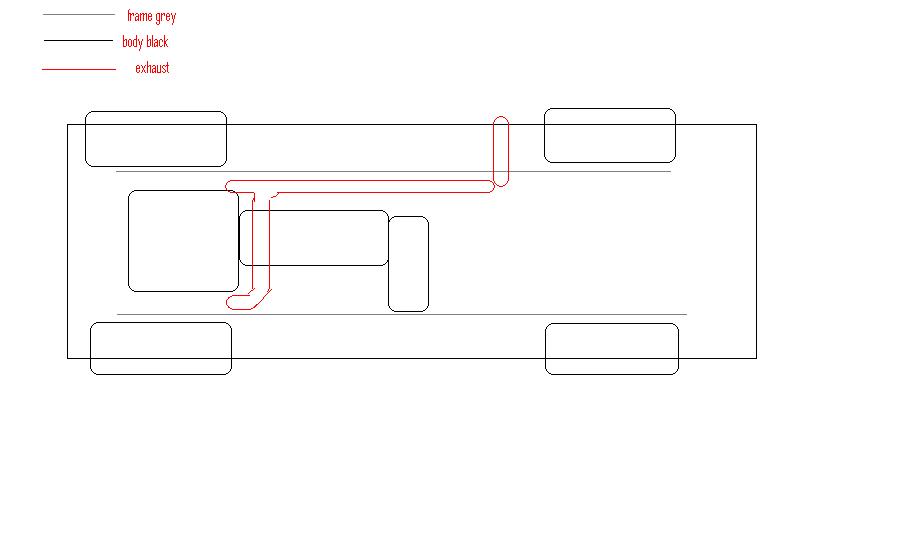 Top-down chassis schematic showing exhaust routing with frame, body and exhaust legend