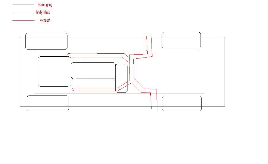 Top-down chassis schematic showing dual exhaust routing with frame, body and exhaust legend
