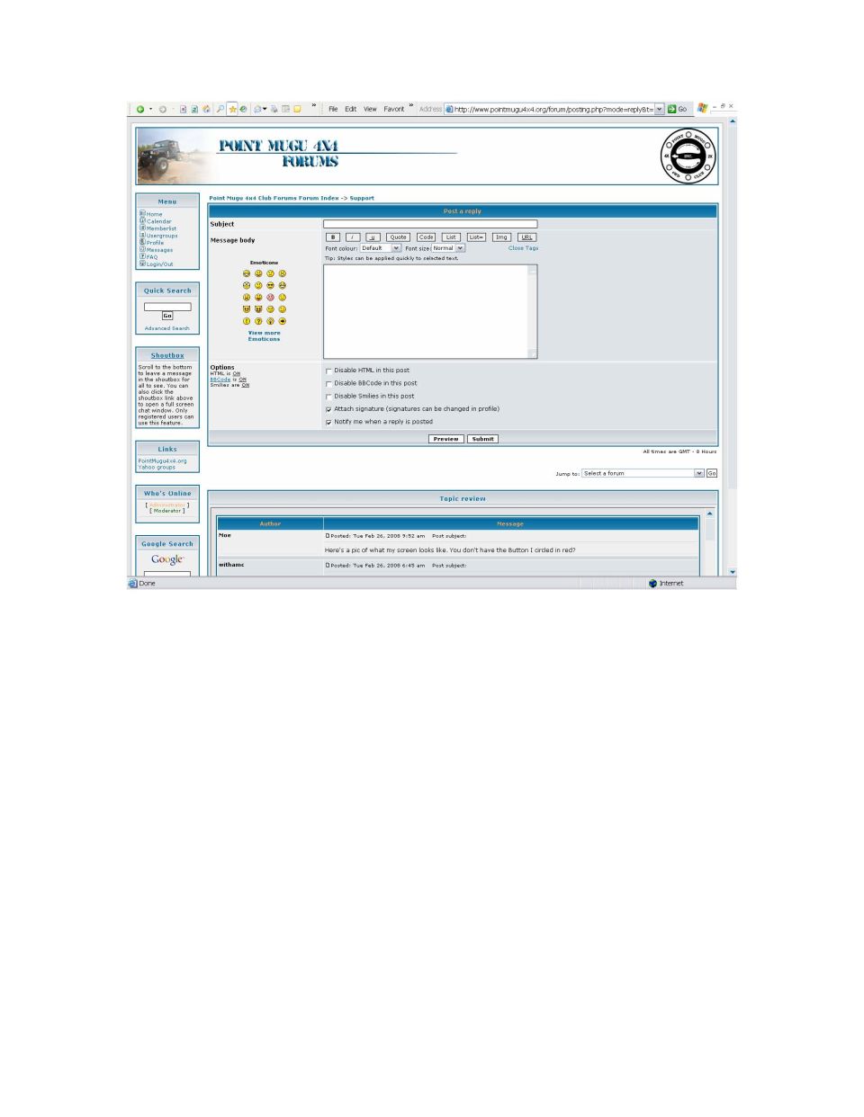 Computer screen displaying the POINT MUGE 4X4 FORUMS website with a post reply form