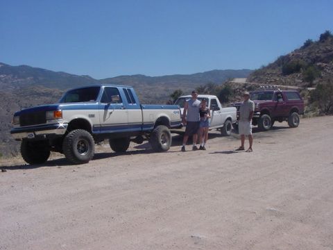 1993 Ford Bronco - Matt's F-150 (6in susp+3in body), me (stock), and Brad (6in susp+3in body)...