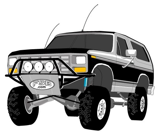 Illustration of a lifted black Ford Bronco with tube bumper, round lights, big off-road tires, and FSB.com logo
