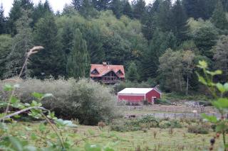 1996 Ford Bronco - A rural scene a log cabin and a red barn surrounded by trees and fields.