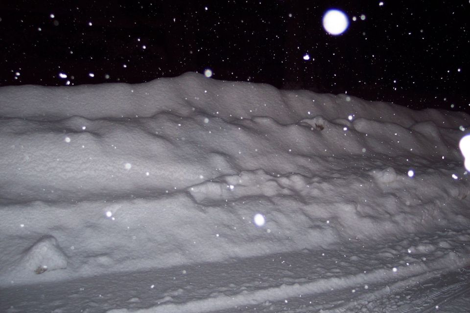 snow falling at night over a snowbank and road