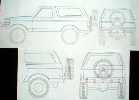 1996 Ford Bronco - Hand-traced line-drawing views of a Bronco showing body profile, wheels, and rear tire-carrier layout.