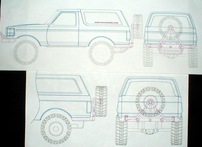 Line-drawing side and rear views of a Bronco with tire carrier and chassis layout