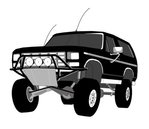 1980 Ford Bronco - This 1980 Ford Bronco features a custom brush guard and large off-road tires, suggesting it is prepared for terrain.
