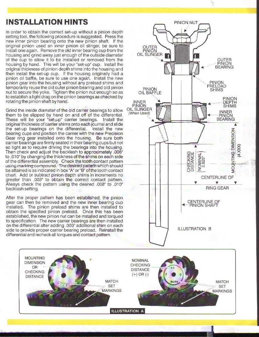 Differential installation hints page with pinion bearing cutaway diagram and gear contact patterns