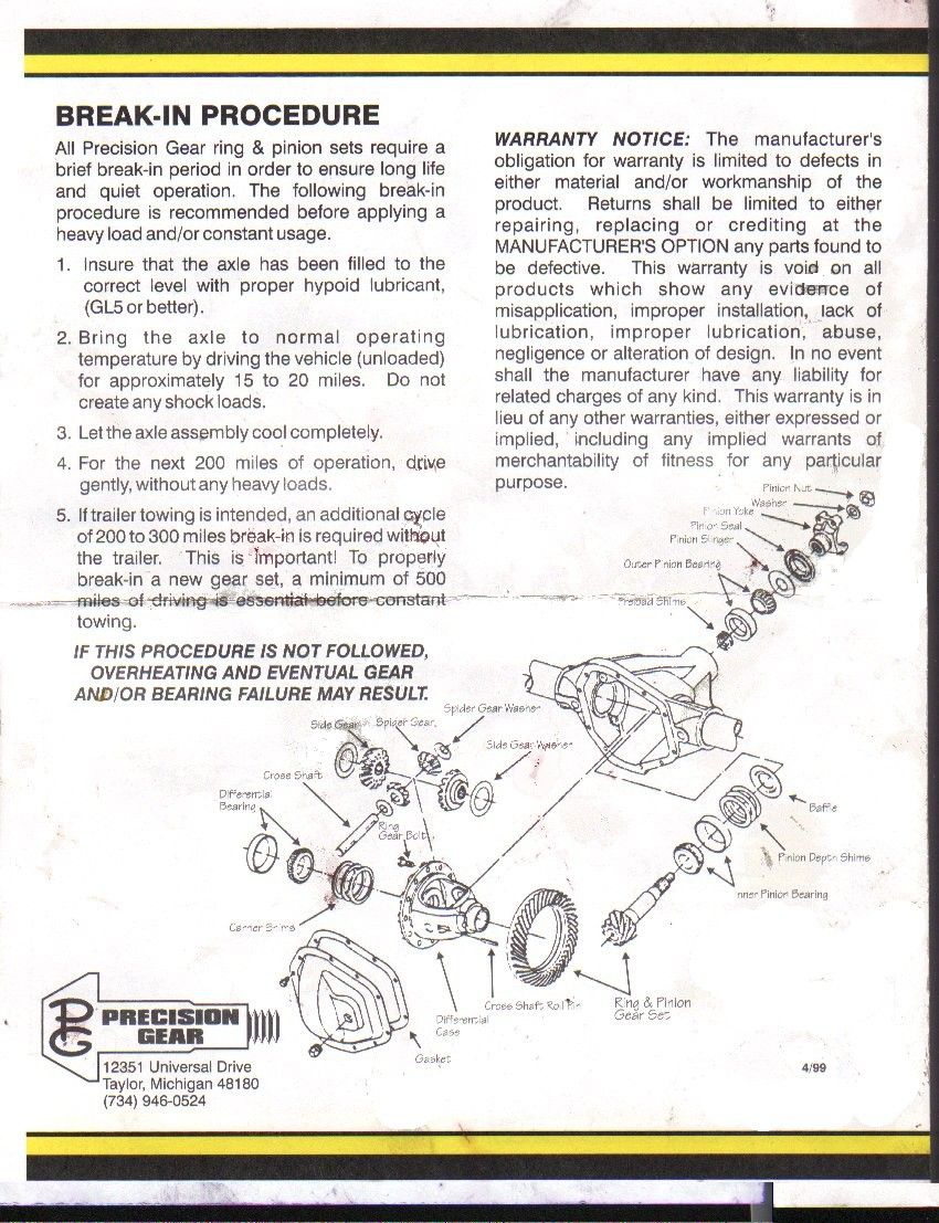 Break-in procedure page with warranty notice and exploded differential parts diagram, Precision Gear