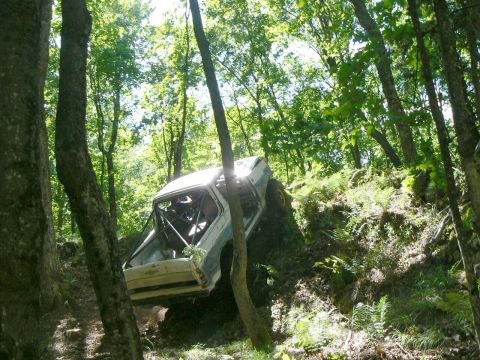 1995 Ford Bronco - An off-road vehicle navigates a steep, wooded incline.