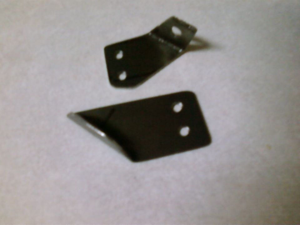 Two black metal mounting brackets with two holes each